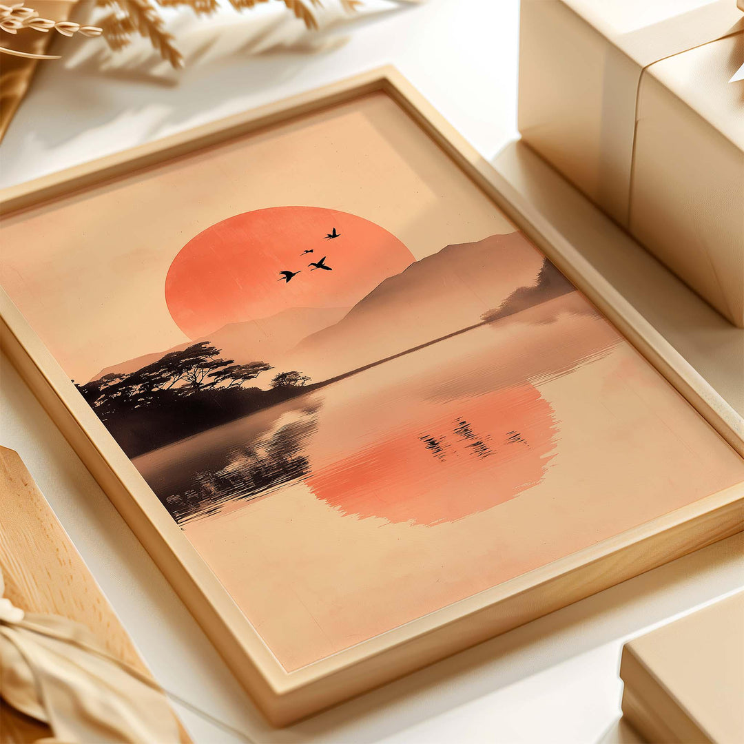 Vintage Asian Ink Wash Wall Art, Sumi‑e Landscape and Birds Print, Misty Mountain and Rising Sun Art, Serene Japanese Inspired Décor