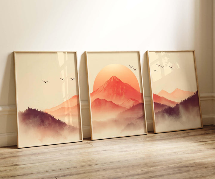 Japanese Mountains Set of 3 Wall Art Prints, Modern Asian Landscape Print Set, Contemporary Triptych Rising Sun Minimalist Zen Home Décor