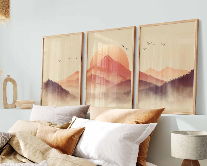 Japanese Mountains Set of 3 Wall Art Prints, Modern Asian Landscape Print Set, Contemporary Triptych Rising Sun Minimalist Zen Home Décor