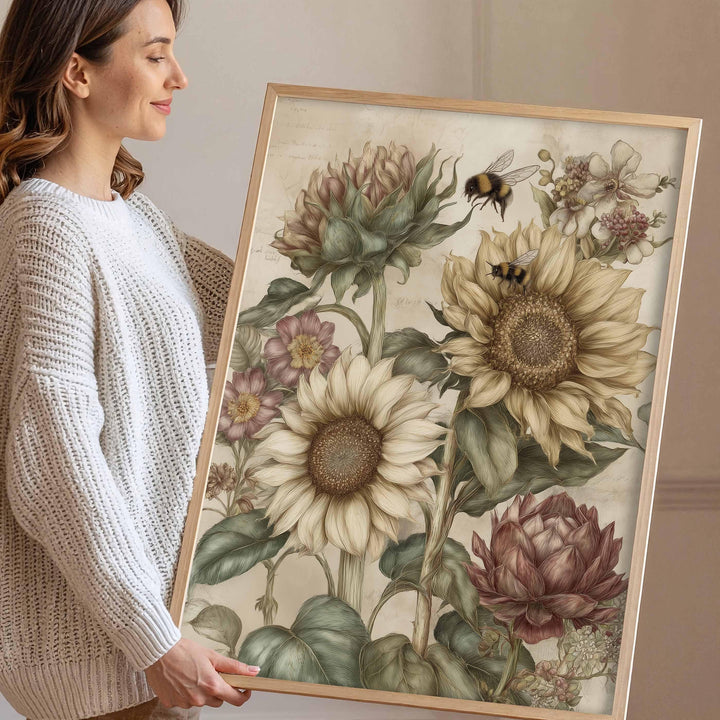 Vintage Botanical Flowers & Bees Print, Modern Farmhouse Wall Art, Cottagecore Sunflower Illustration, Rustic Nature Wall Décor