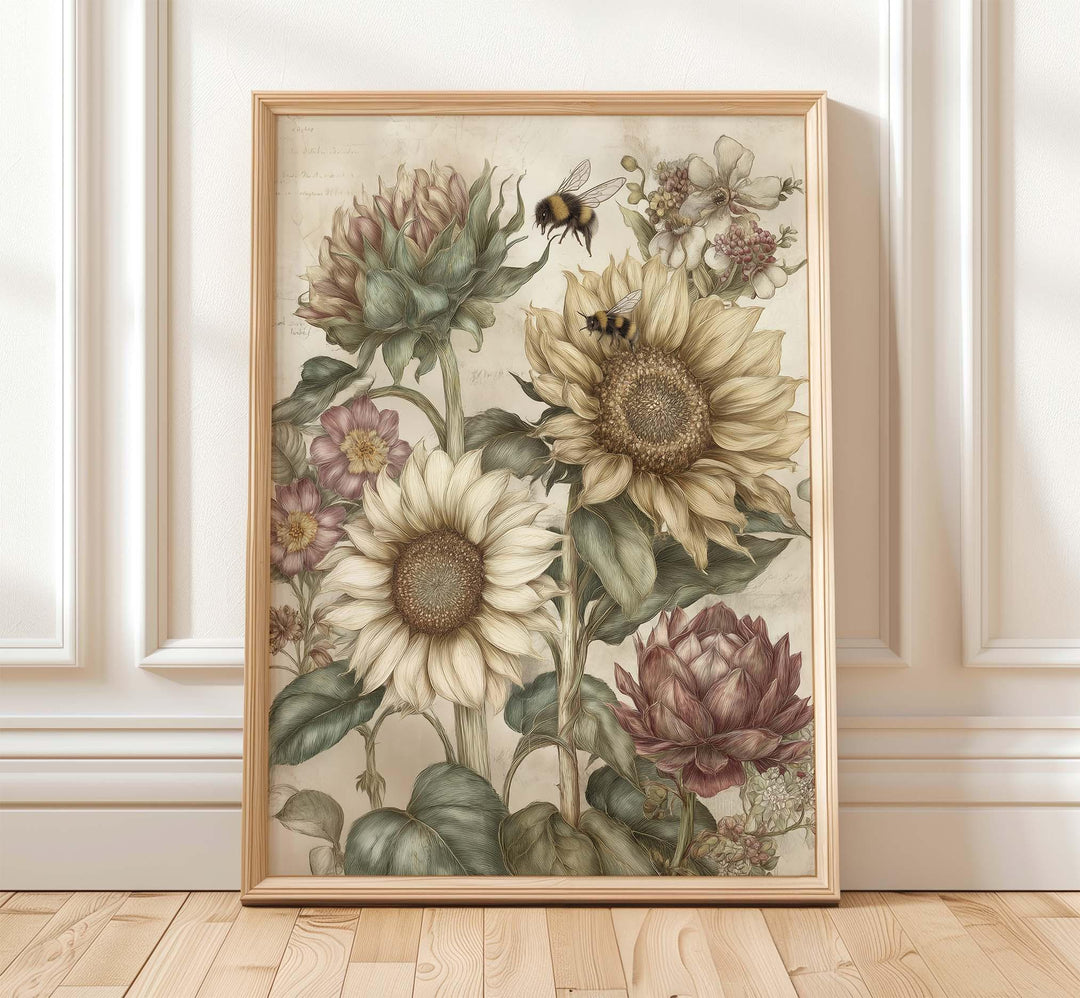 Vintage Botanical Flowers & Bees Print, Modern Farmhouse Wall Art, Cottagecore Sunflower Illustration, Rustic Nature Wall Décor