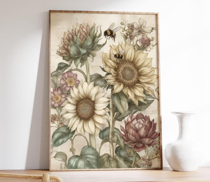 Vintage Botanical Flowers & Bees Print, Modern Farmhouse Wall Art, Cottagecore Sunflower Illustration, Rustic Nature Wall Décor