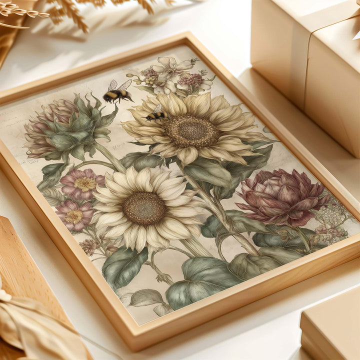 Vintage Botanical Flowers & Bees Print, Modern Farmhouse Wall Art, Cottagecore Sunflower Illustration, Rustic Nature Wall Décor