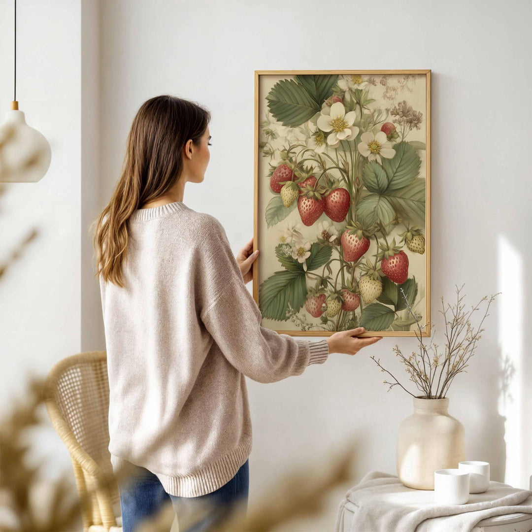 Vintage Botanical Strawberry Print, Modern Farmhouse Wall Art, Cottagecore Fruit Illustration, Rustic Kitchen Nature Inspired Wall Décor