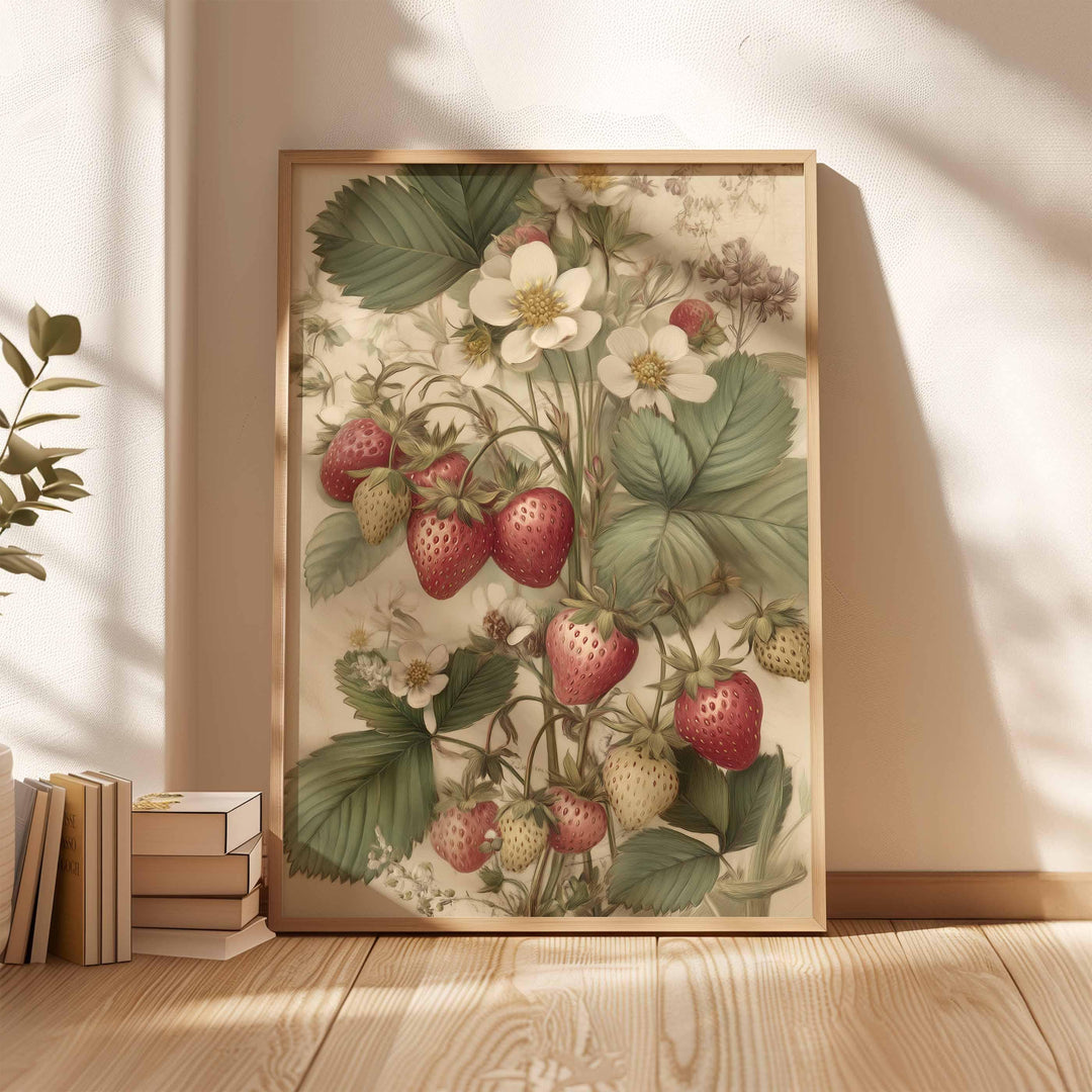 Vintage Botanical Strawberry Print, Modern Farmhouse Wall Art, Cottagecore Fruit Illustration, Rustic Kitchen Nature Inspired Wall Décor