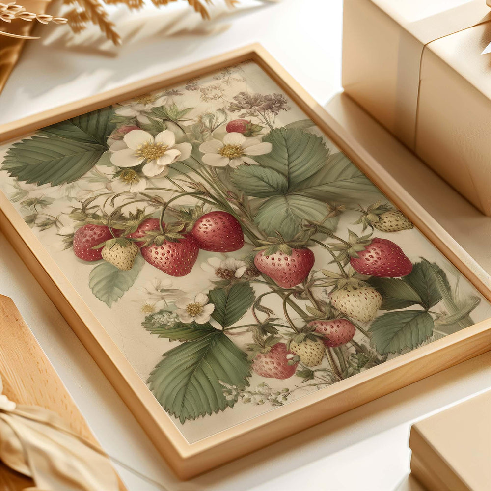 Vintage Botanical Strawberry Print, Modern Farmhouse Wall Art, Cottagecore Fruit Illustration, Rustic Kitchen Nature Inspired Wall Décor