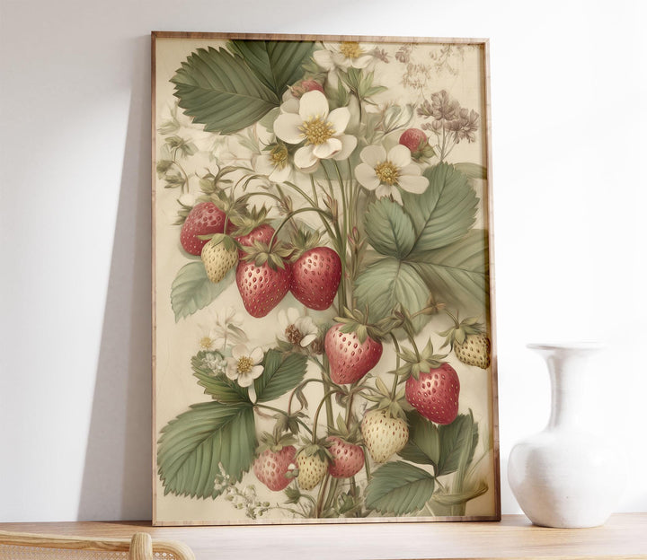 Vintage Botanical Strawberry Print, Modern Farmhouse Wall Art, Cottagecore Fruit Illustration, Rustic Kitchen Nature Inspired Wall Décor