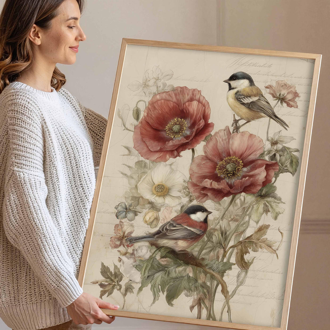 Vintage Botanical Flowers & Birds Print, Modern Farmhouse Wall Art, Cottagecore Nature Illustration, Rustic Floral Home Décor Gifts
