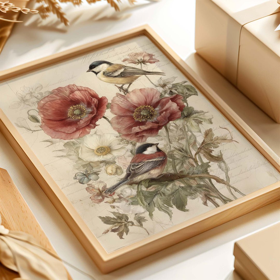 Vintage Botanical Flowers & Birds Print, Modern Farmhouse Wall Art, Cottagecore Nature Illustration, Rustic Floral Home Décor Gifts