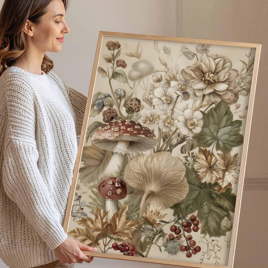 Vintage Autumn Flowers & Mushrooms Print, Modern Botanical Wall Art, Cottagecore Nature Illustration, Rustic Farmhouse Seasonal Home Décor