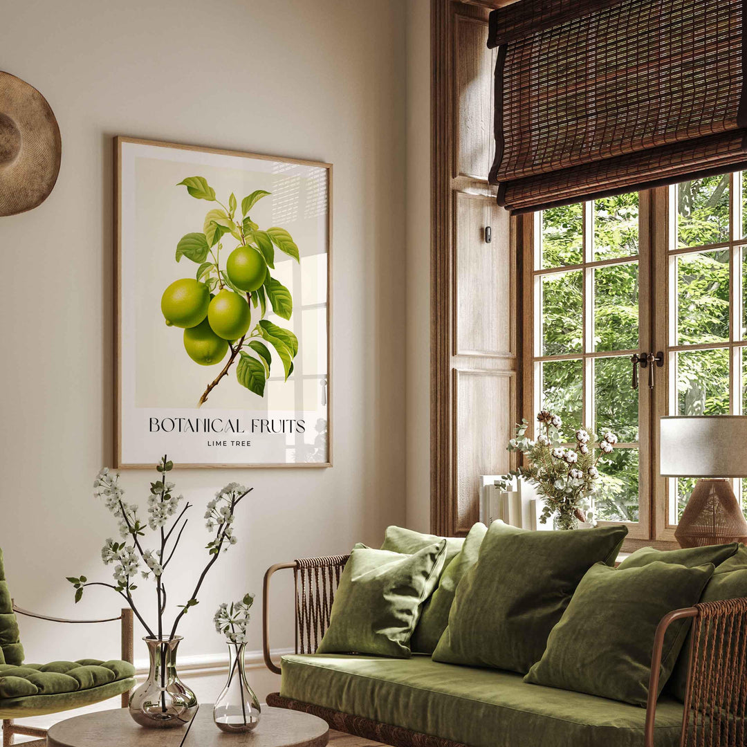 Lime Tree Vintage Botanical Print, Rustic Limes Fruit Poster, Farmhouse Kitchen Decor Retro Wall Art, Watercolour Original Art Painting