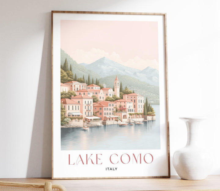 Lake Como Travel Print, Italian Lakes Wall Art, Bellagio & Villas Illustration, Elegant Coastal Lake Poster, Italy Landscape Art