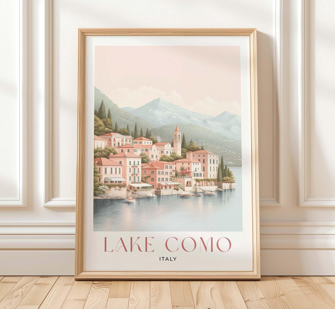 Lake Como Travel Print, Italian Lakes Wall Art, Bellagio & Villas Illustration, Elegant Coastal Lake Poster, Italy Landscape Art