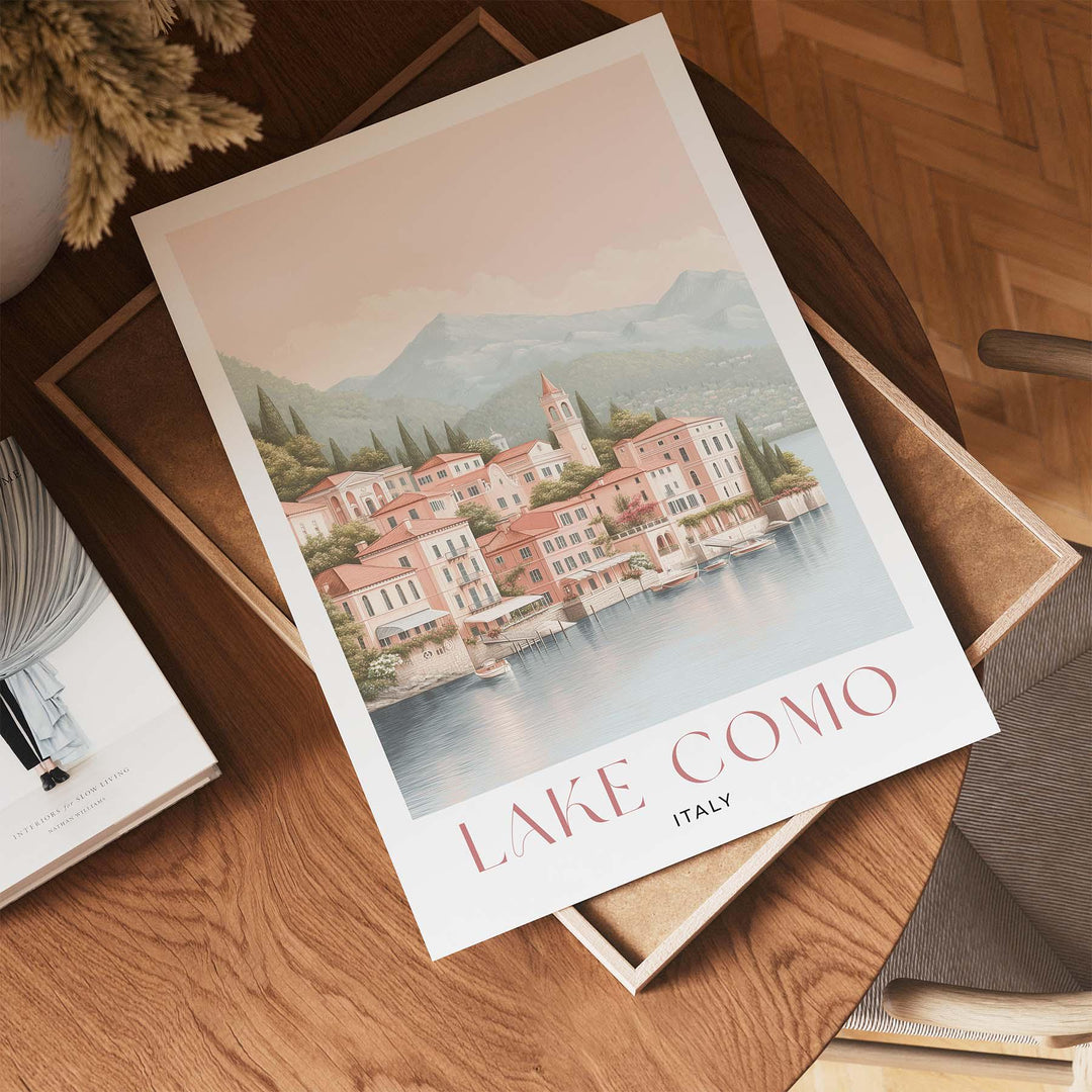 Lake Como Travel Print, Italian Lakes Wall Art, Bellagio & Villas Illustration, Elegant Coastal Lake Poster, Italy Landscape Art