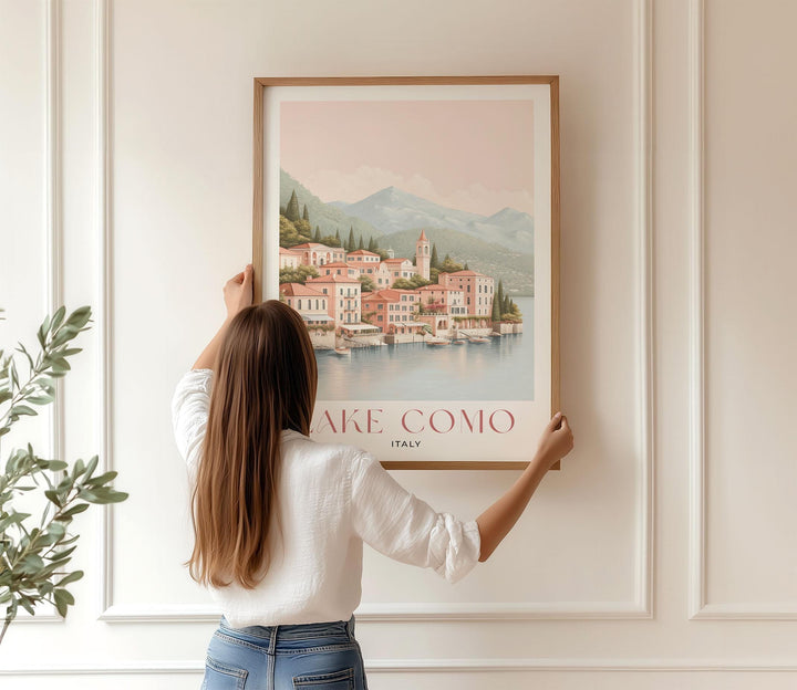 Lake Como Travel Print, Italian Lakes Wall Art, Bellagio & Villas Illustration, Elegant Coastal Lake Poster, Italy Landscape Art