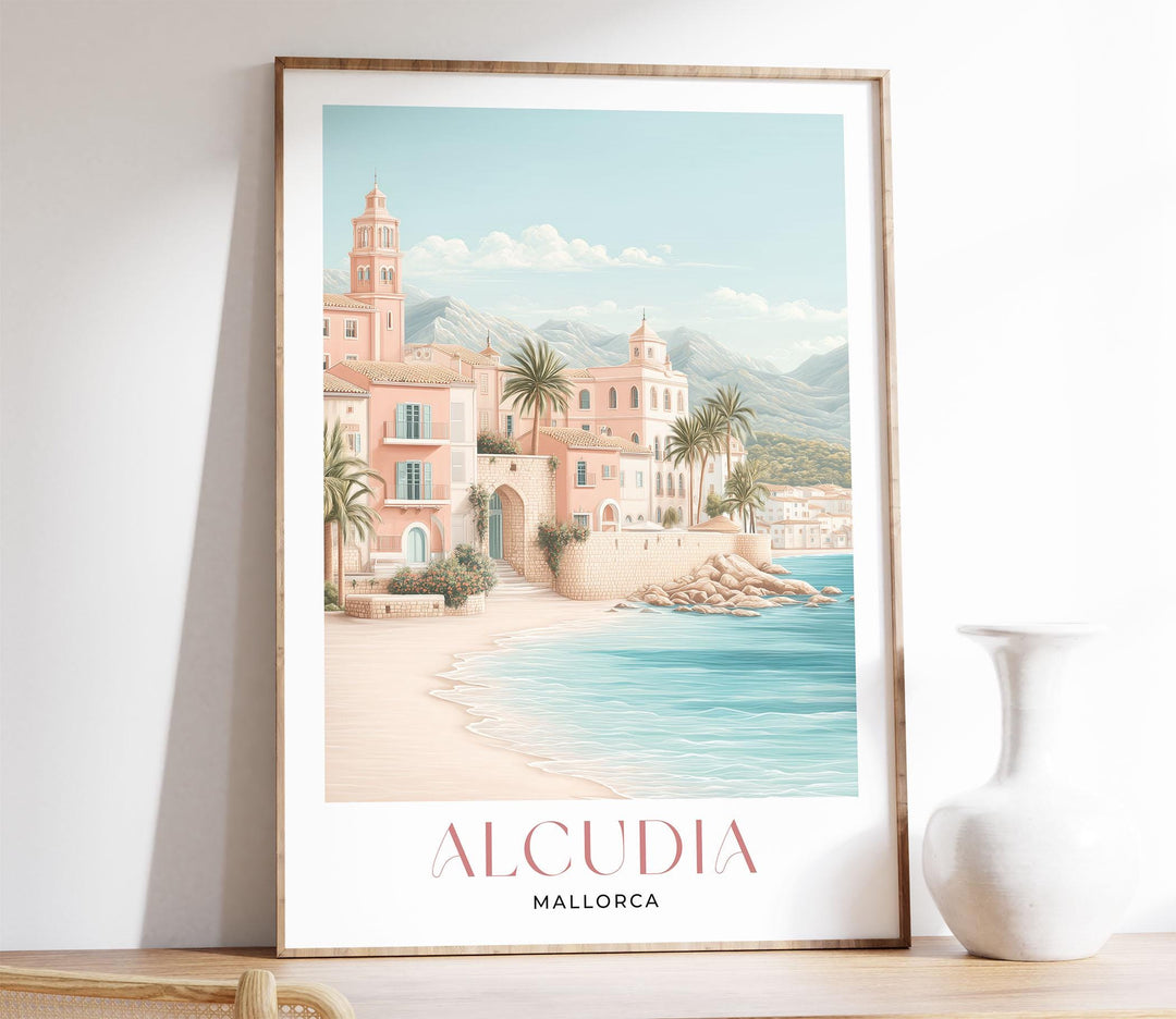 Alcúdia Mallorca Travel Print, Coastal Beach Wall Art, Mediterranean Sea Poster, Old Town Walls Illustration, Spain Landscape Art