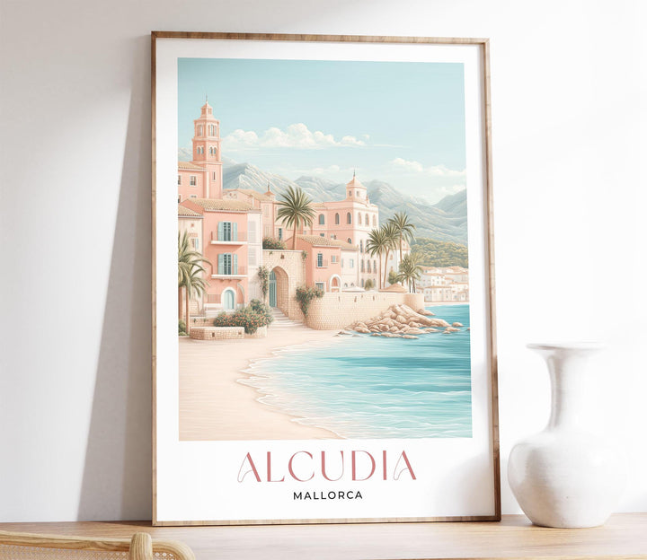 Alcúdia Mallorca Travel Print, Coastal Beach Wall Art, Mediterranean Sea Poster, Old Town Walls Illustration, Spain Landscape Art