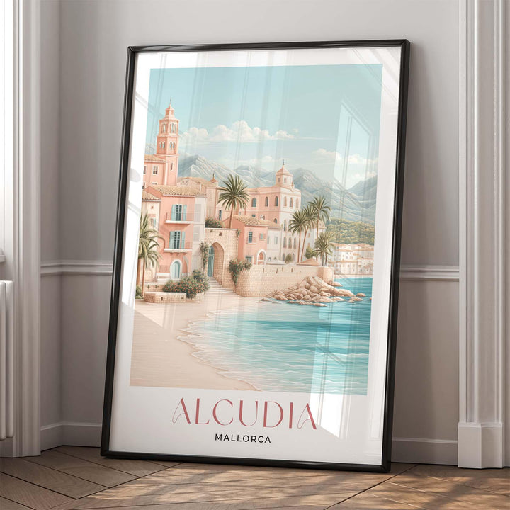 Alcúdia Mallorca Travel Print, Coastal Beach Wall Art, Mediterranean Sea Poster, Old Town Walls Illustration, Spain Landscape Art