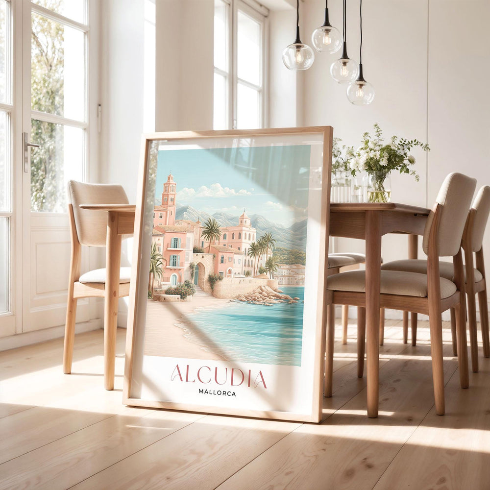Alcúdia Mallorca Travel Print, Coastal Beach Wall Art, Mediterranean Sea Poster, Old Town Walls Illustration, Spain Landscape Art