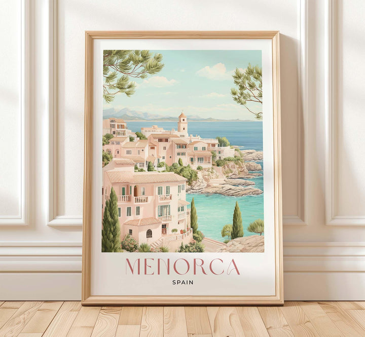 Menorca Travel Print, Mediterranean Coastal Wall Art, Lighthouse & Cove Poster, Balearic Islands Illustration, Spain Landscape Art