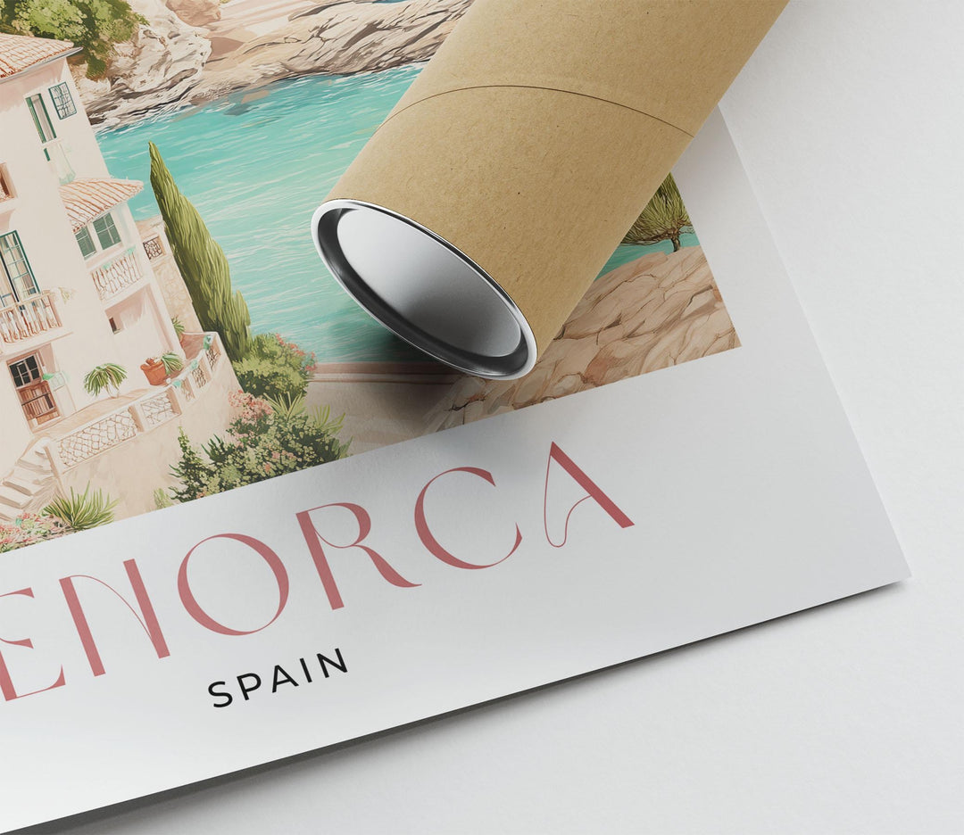 Menorca Travel Print, Mediterranean Coastal Wall Art, Lighthouse & Cove Poster, Balearic Islands Illustration, Spain Landscape Art
