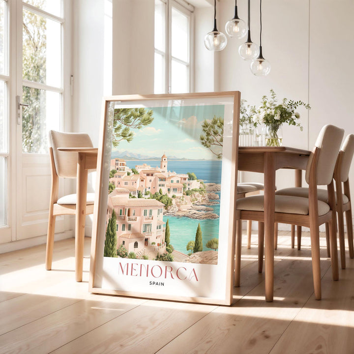 Menorca Travel Print, Mediterranean Coastal Wall Art, Lighthouse & Cove Poster, Balearic Islands Illustration, Spain Landscape Art