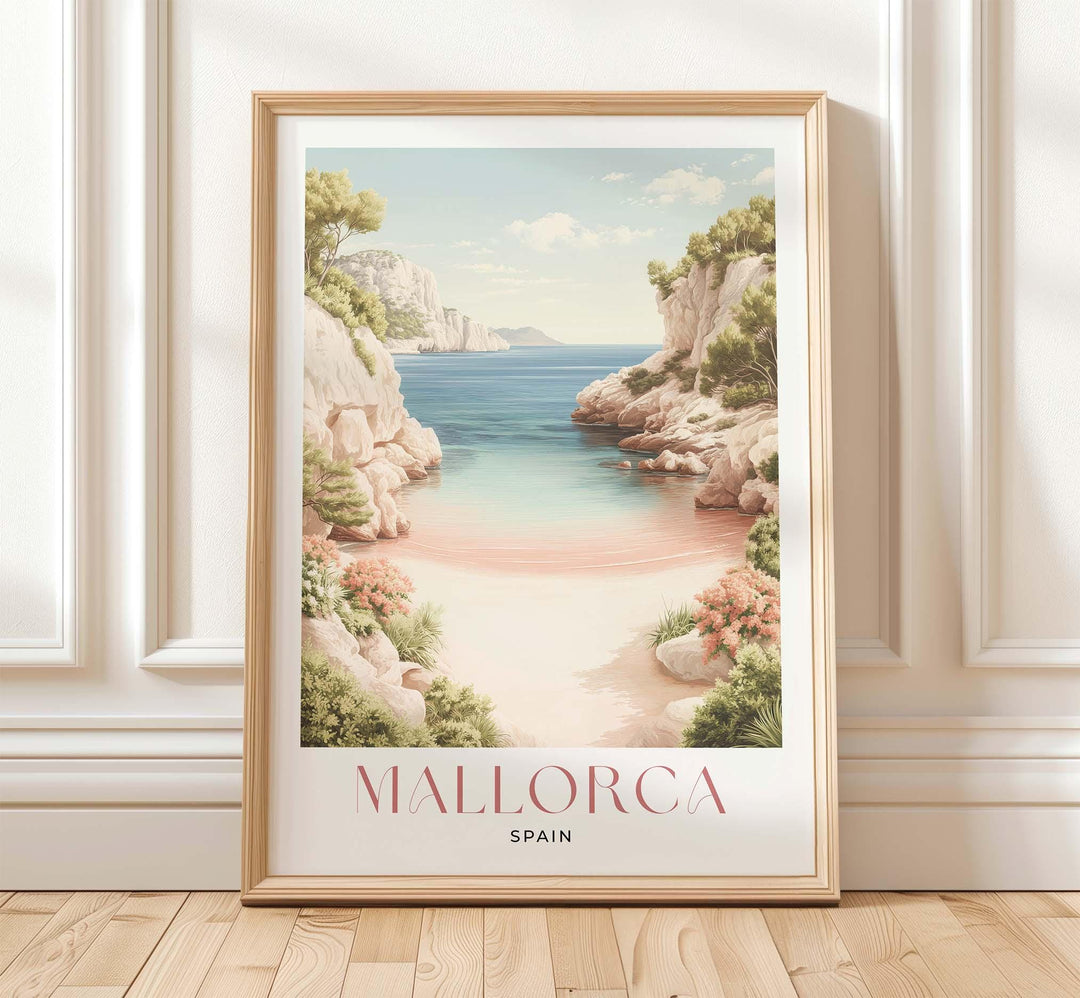 Mallorca Travel Print, Mediterranean Coastal Wall Art, Spain Landscape Poster, Island Sea Illustration, Elegant Modern Travel Art