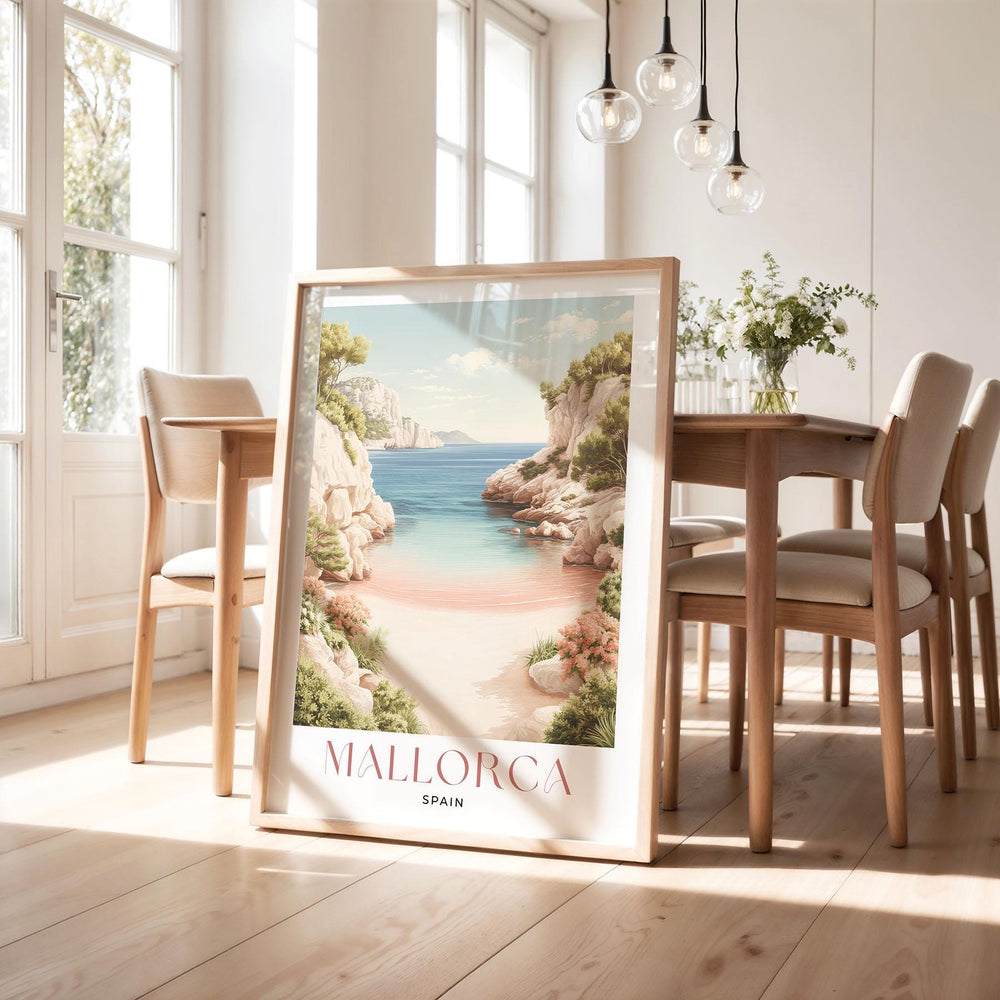 Mallorca Travel Print, Mediterranean Coastal Wall Art, Spain Landscape Poster, Island Sea Illustration, Elegant Modern Travel Art