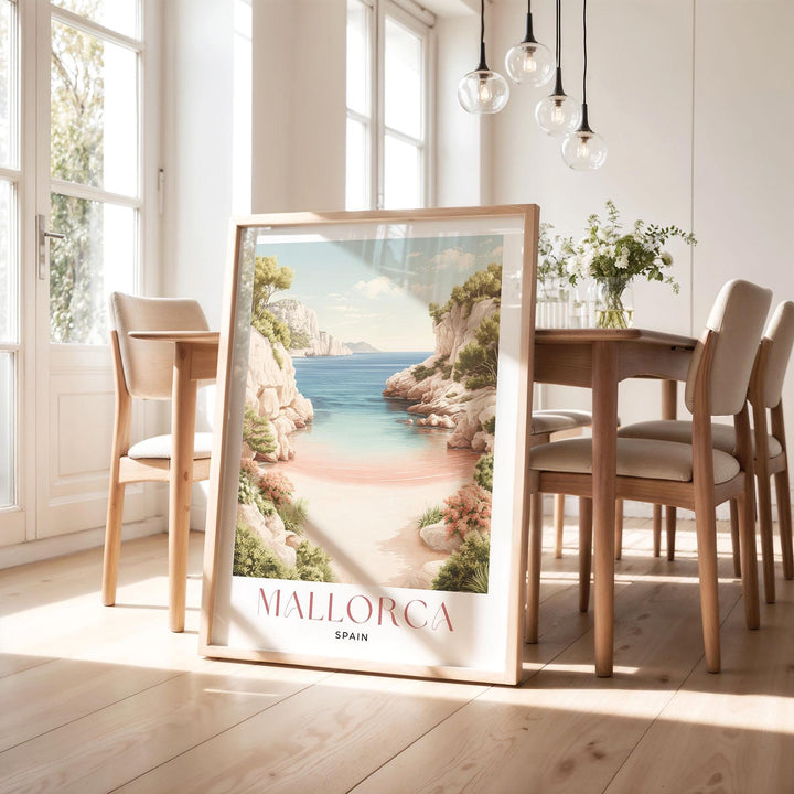 Mallorca Travel Print, Mediterranean Coastal Wall Art, Spain Landscape Poster, Island Sea Illustration, Elegant Modern Travel Art