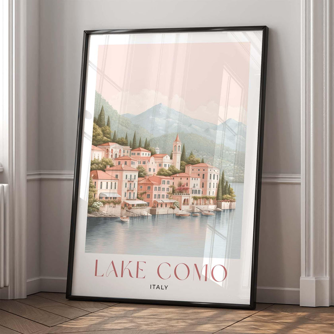 Lake Como Travel Print, Italian Lakes Wall Art, Bellagio & Villas Illustration, Elegant Coastal Lake Poster, Italy Landscape Art