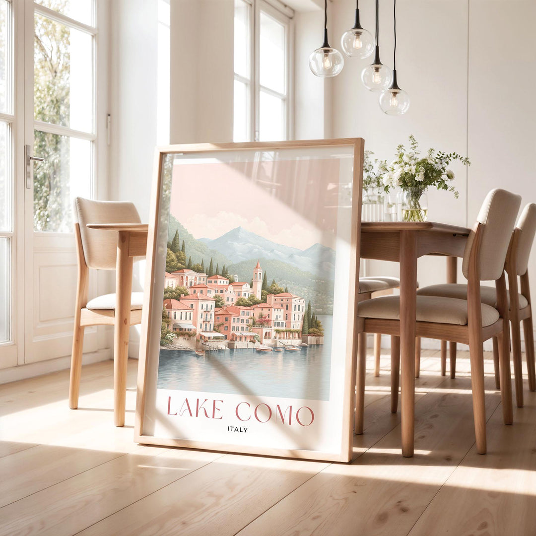Lake Como Travel Print, Italian Lakes Wall Art, Bellagio & Villas Illustration, Elegant Coastal Lake Poster, Italy Landscape Art