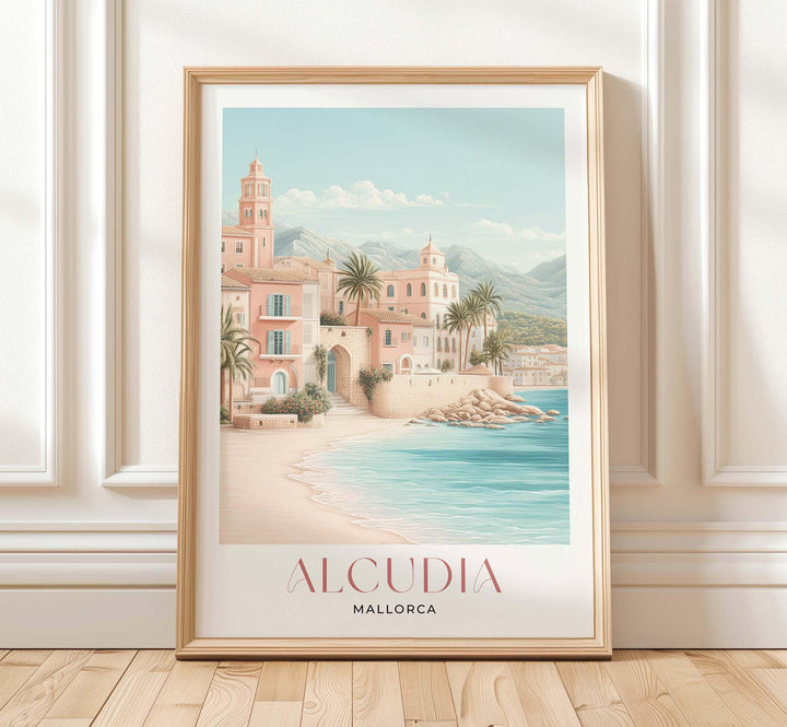 Alcúdia Mallorca Travel Print, Coastal Beach Wall Art, Mediterranean Sea Poster, Old Town Walls Illustration, Spain Landscape Art