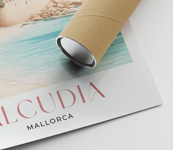 Alcúdia Mallorca Travel Print, Coastal Beach Wall Art, Mediterranean Sea Poster, Old Town Walls Illustration, Spain Landscape Art