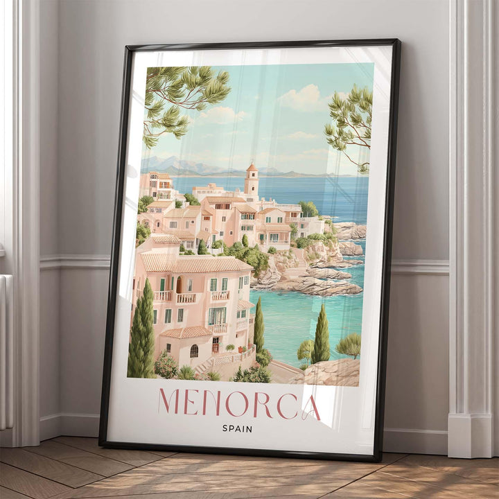 Menorca Travel Print, Mediterranean Coastal Wall Art, Lighthouse & Cove Poster, Balearic Islands Illustration, Spain Landscape Art
