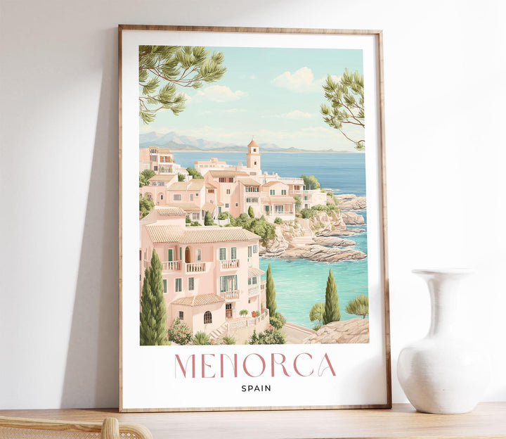 Menorca Travel Print, Mediterranean Coastal Wall Art, Lighthouse & Cove Poster, Balearic Islands Illustration, Spain Landscape Art