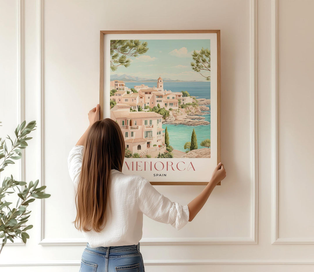 Menorca Travel Print, Mediterranean Coastal Wall Art, Lighthouse & Cove Poster, Balearic Islands Illustration, Spain Landscape Art