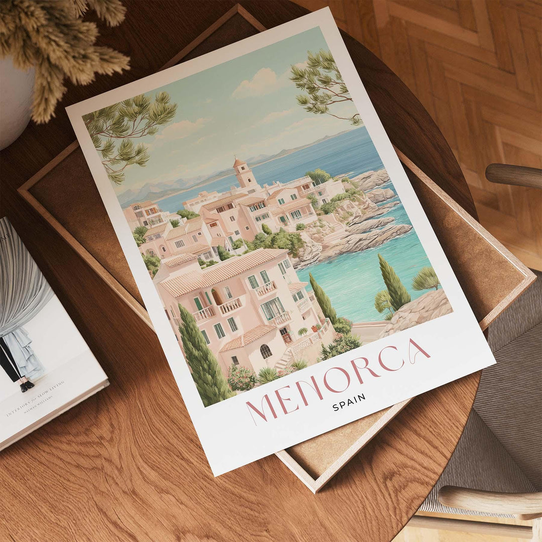 Menorca Travel Print, Mediterranean Coastal Wall Art, Lighthouse & Cove Poster, Balearic Islands Illustration, Spain Landscape Art