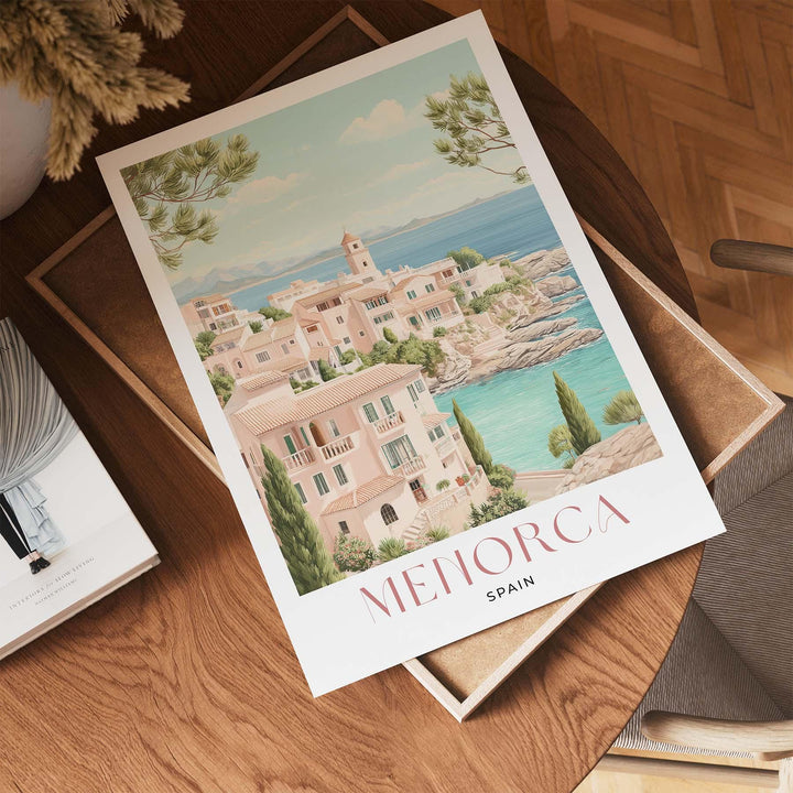 Menorca Travel Print, Mediterranean Coastal Wall Art, Lighthouse & Cove Poster, Balearic Islands Illustration, Spain Landscape Art