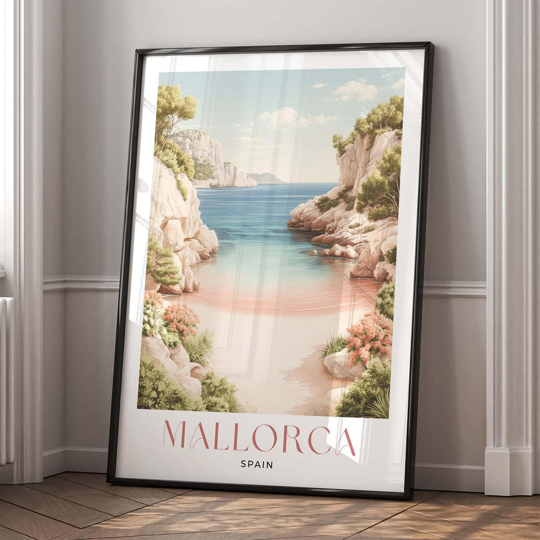Mallorca Travel Print, Mediterranean Coastal Wall Art, Spain Landscape Poster, Island Sea Illustration, Elegant Modern Travel Art