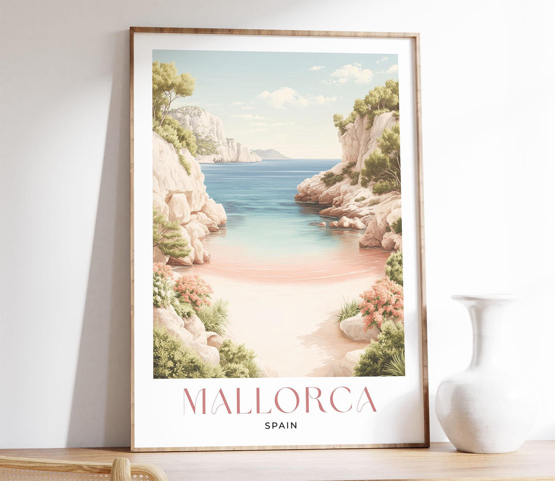 Mallorca Travel Print, Mediterranean Coastal Wall Art, Spain Landscape Poster, Island Sea Illustration, Elegant Modern Travel Art