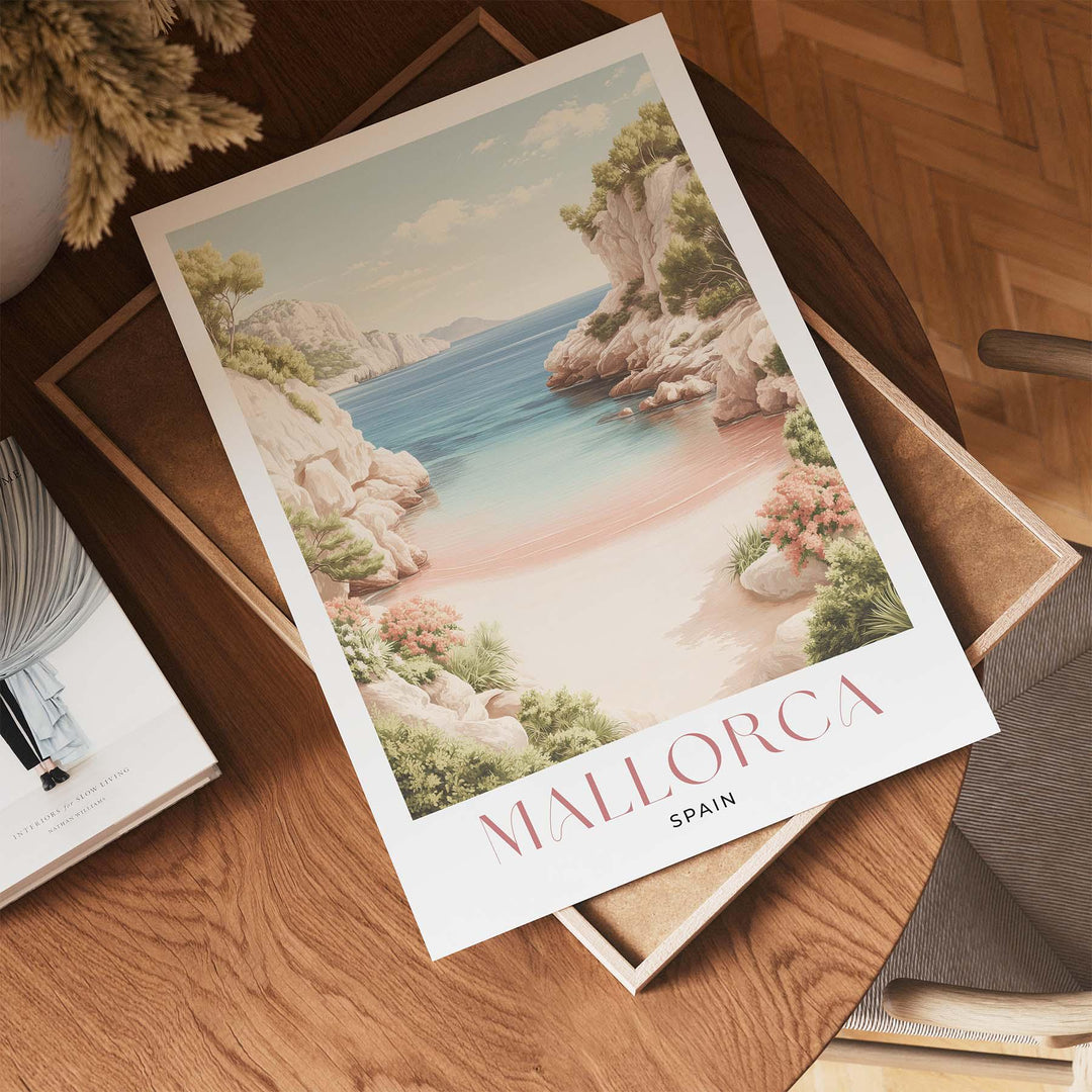 Mallorca Travel Print, Mediterranean Coastal Wall Art, Spain Landscape Poster, Island Sea Illustration, Elegant Modern Travel Art