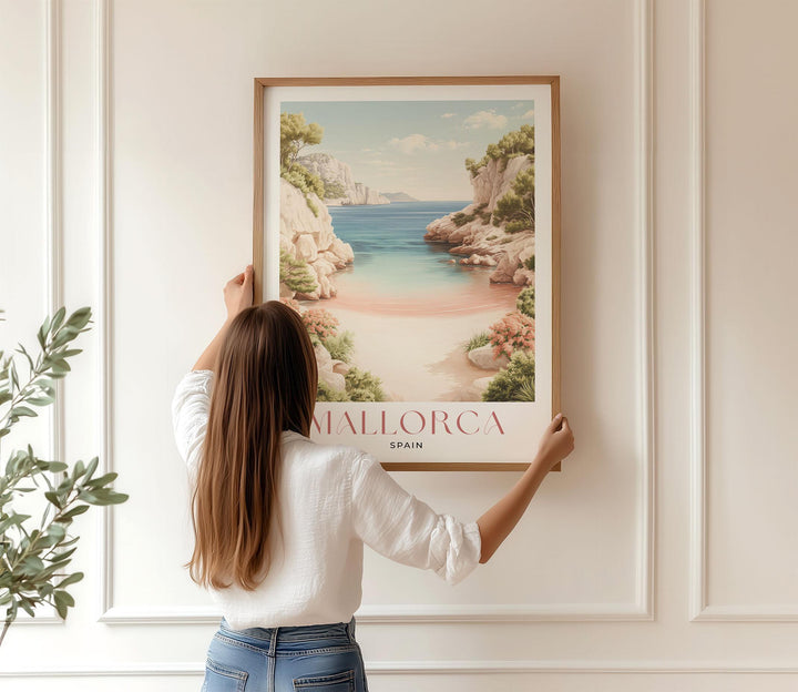 Mallorca Travel Print, Mediterranean Coastal Wall Art, Spain Landscape Poster, Island Sea Illustration, Elegant Modern Travel Art