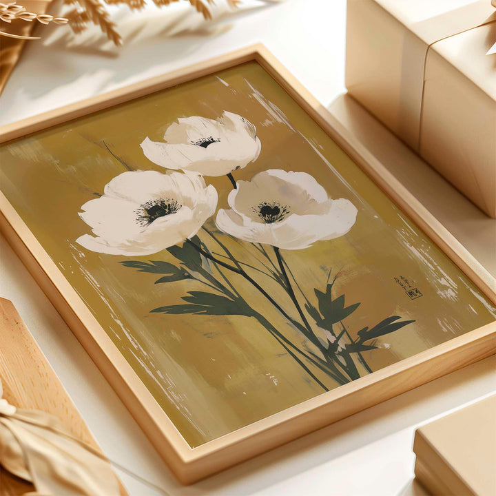 Japanese Floral Wall Art Print, Wabi Sabi Flower Decor, Neutral Beige Botanical Poster, Zen Japandi Home Decor