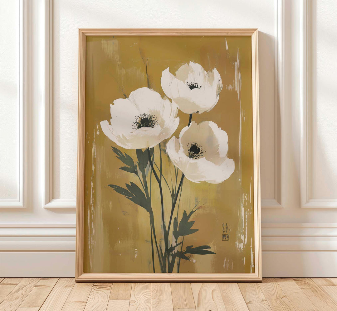Japanese Floral Wall Art Print, Wabi Sabi Flower Decor, Neutral Beige Botanical Poster, Zen Japandi Home Decor