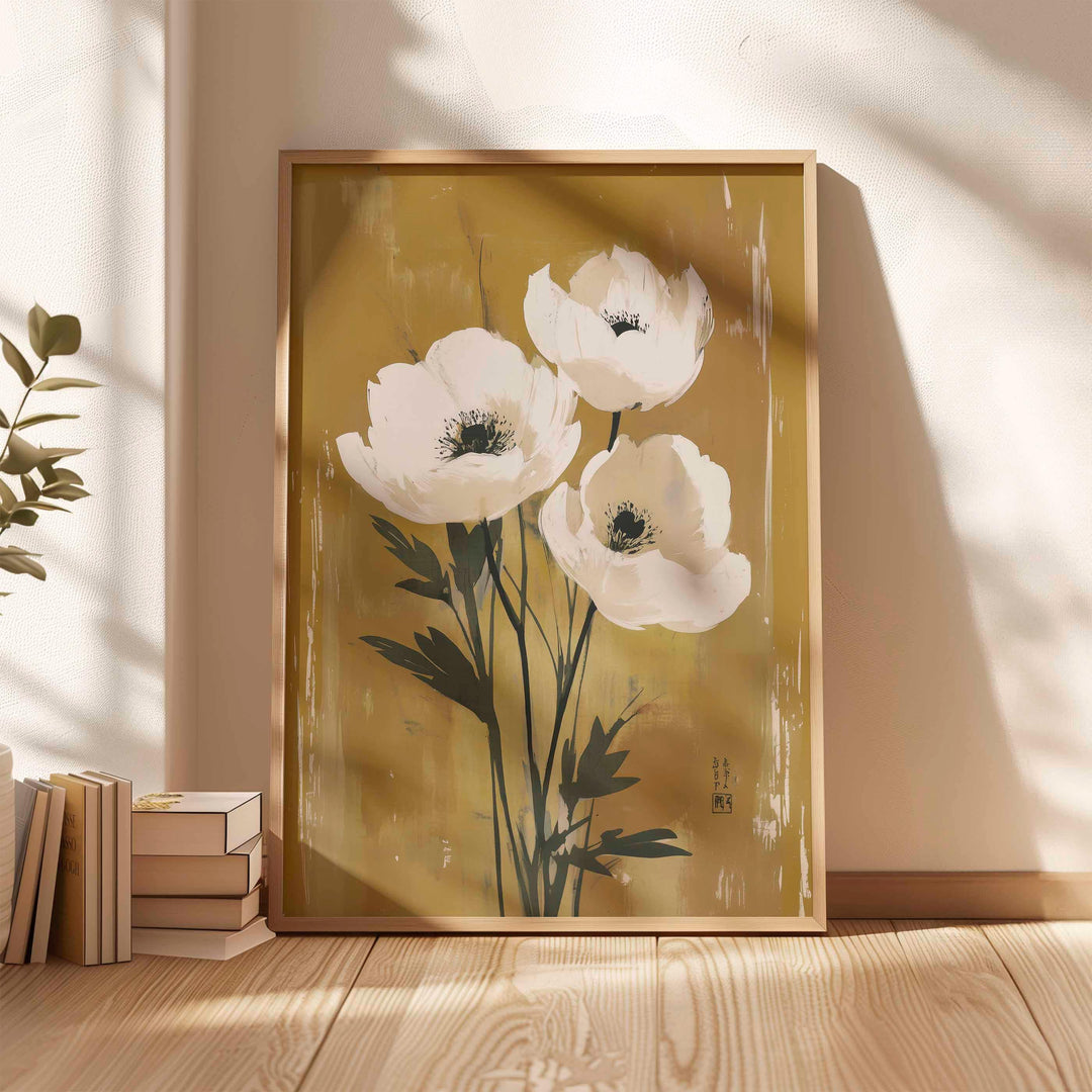 Japanese Floral Wall Art Print, Wabi Sabi Flower Decor, Neutral Beige Botanical Poster, Zen Japandi Home Decor
