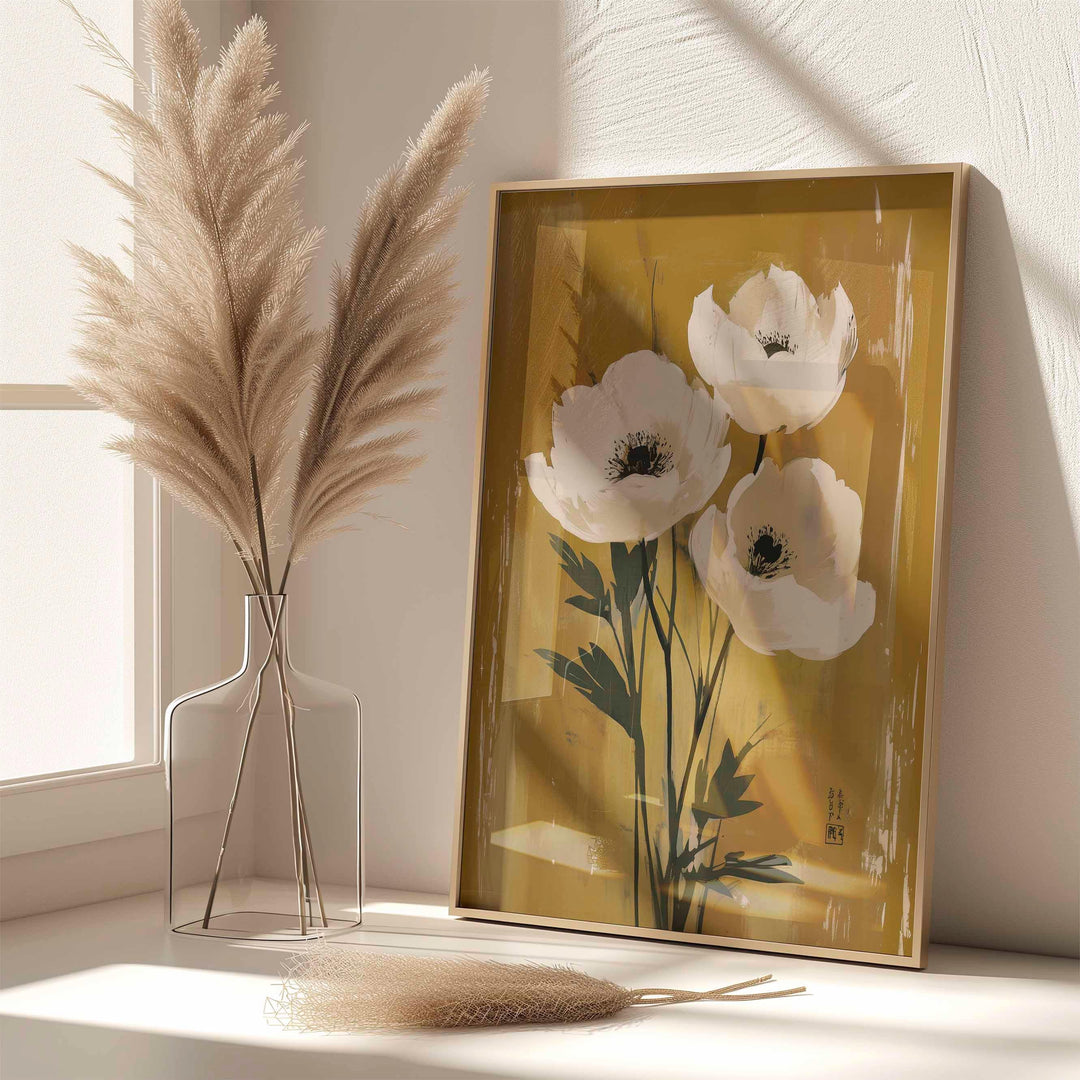 Japanese Floral Wall Art Print, Wabi Sabi Flower Decor, Neutral Beige Botanical Poster, Zen Japandi Home Decor