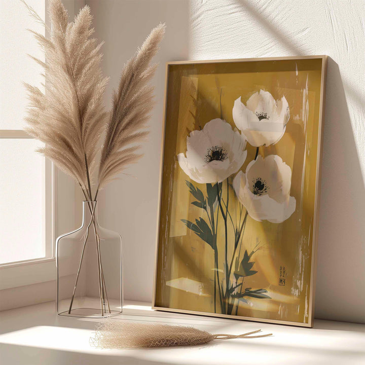 Japanese Floral Wall Art Print, Wabi Sabi Flower Decor, Neutral Beige Botanical Poster, Zen Japandi Home Decor