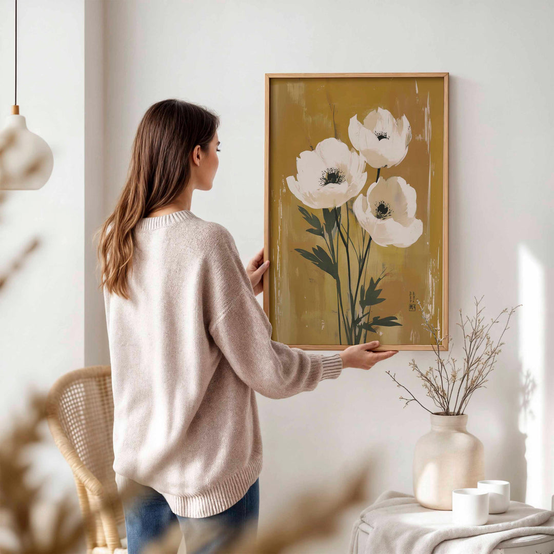 Japanese Floral Wall Art Print, Wabi Sabi Flower Decor, Neutral Beige Botanical Poster, Zen Japandi Home Decor