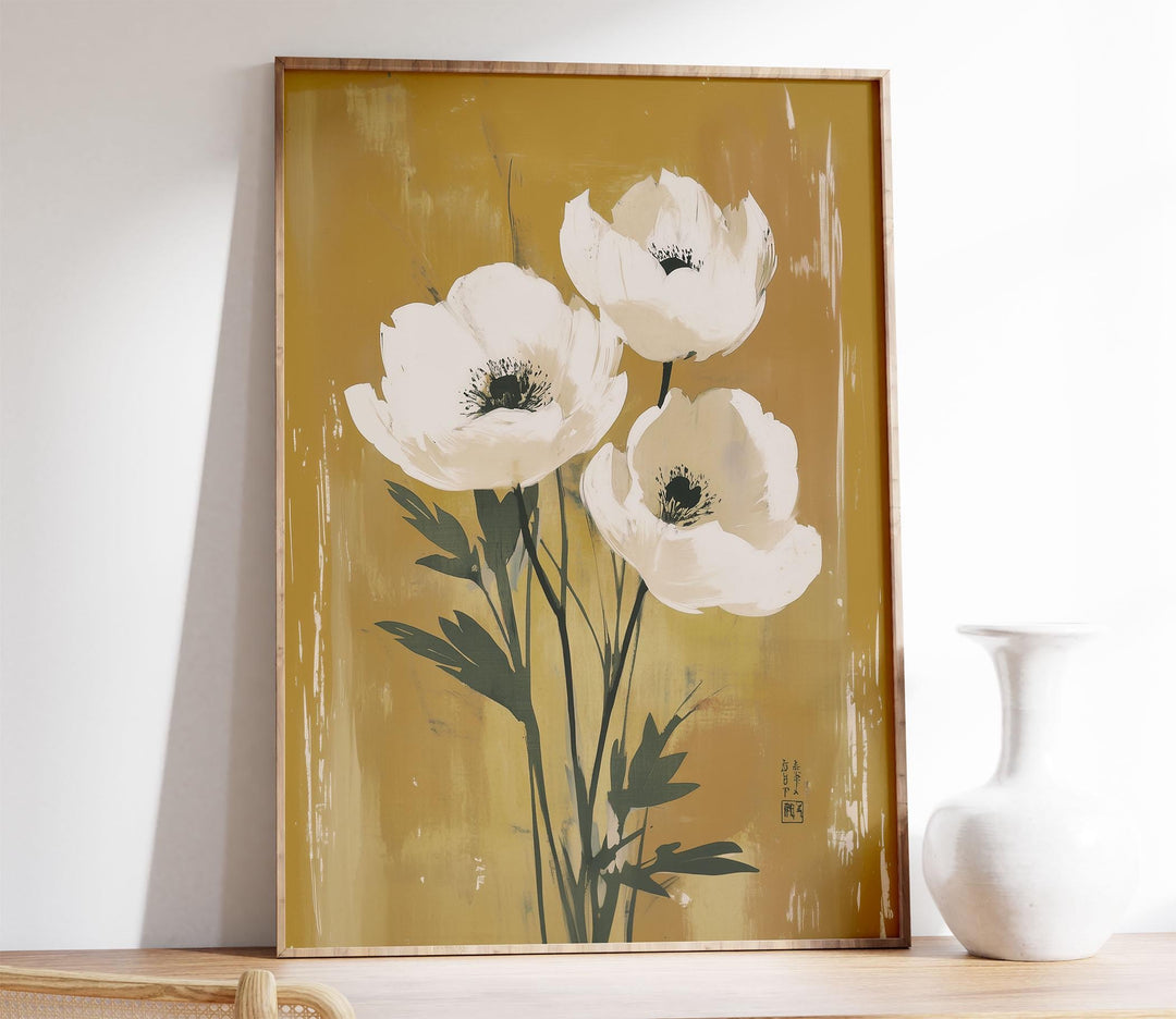 Japanese Floral Wall Art Print, Wabi Sabi Flower Decor, Neutral Beige Botanical Poster, Zen Japandi Home Decor