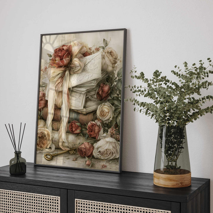 Chateaucore Wall Art, Vintage Books & Love Letters Home Decor, Romantic Floral Print, French Country Poster, Antique Library Artwork